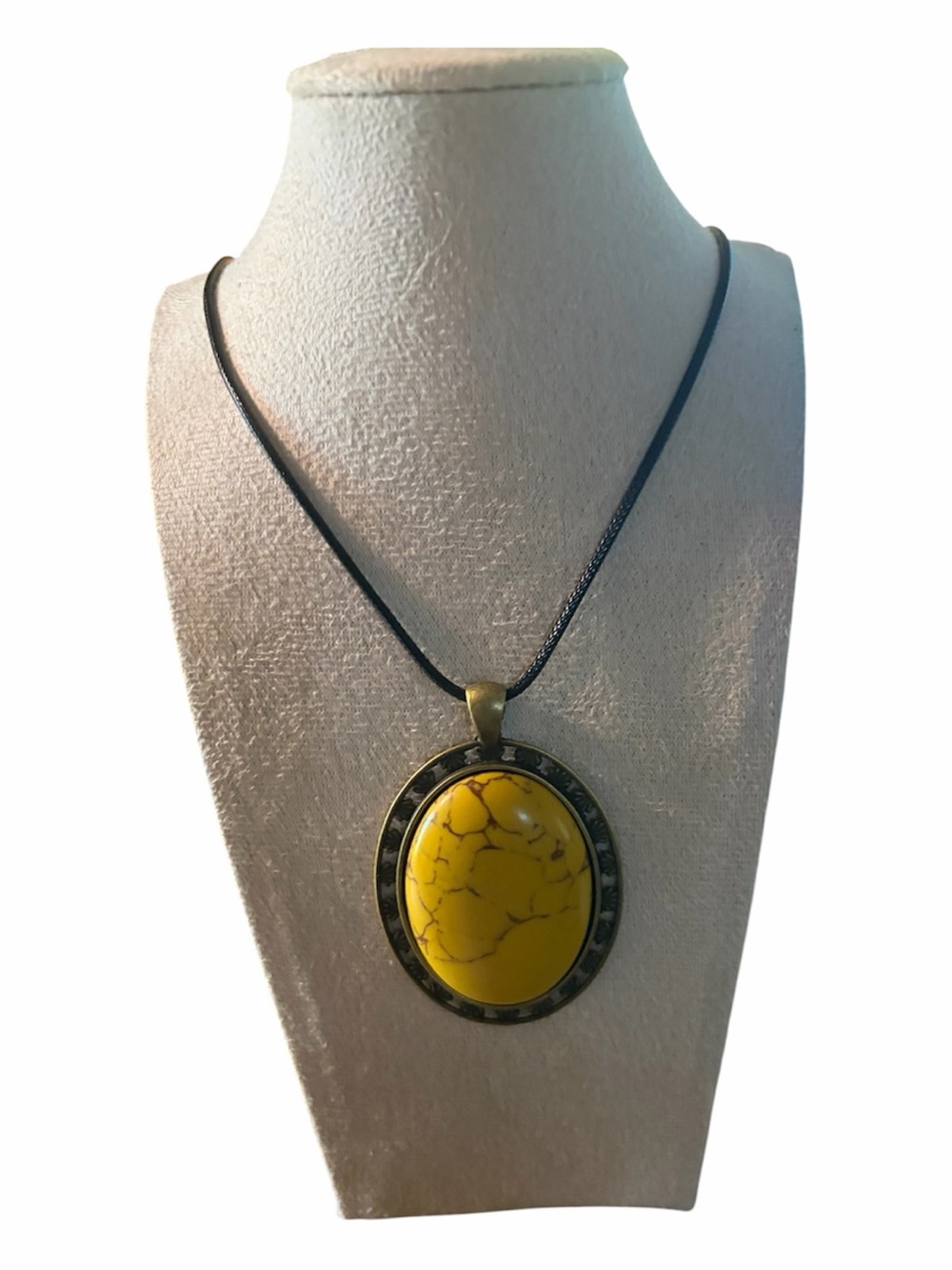 Yellow Oval Stone Pendant Necklace with Black Cord